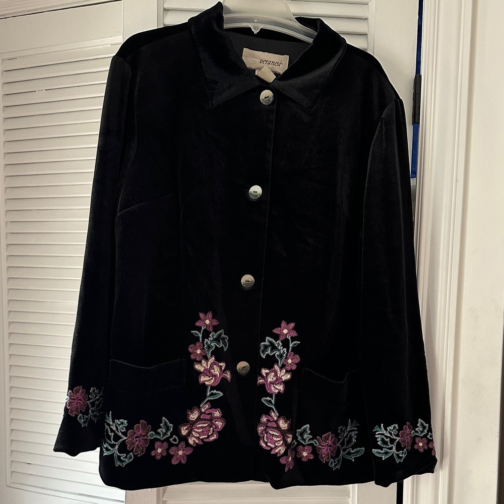 Giorgio Armani Black Velvet Jacket with Purple Floral Embroidery